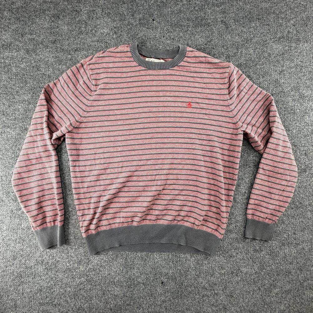 Original Penguin Sweater Mens XL Gray Red Stripe Crewneck Pullover Logo Knit